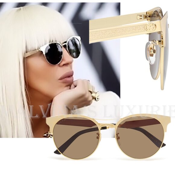GUCCI SUNGLASSES GG 0075S AVIATOR ROUND FULL FRAME GOLD INTERLOCKING G DETAIL - Picture 1 of 11